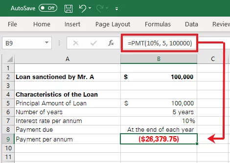 Yearly payment calculated by Excel
