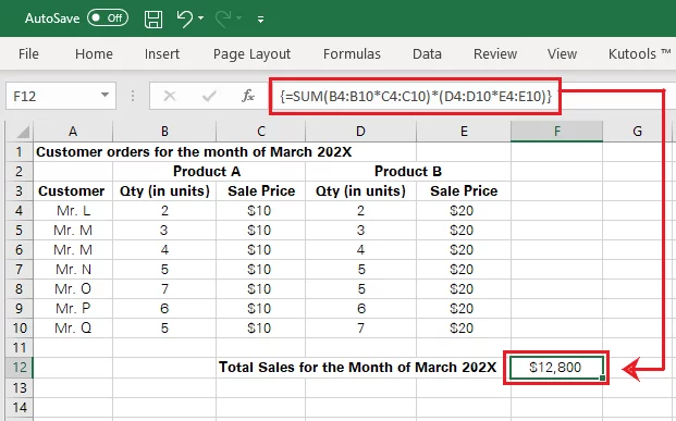 Excel computes the total sales for March 202X