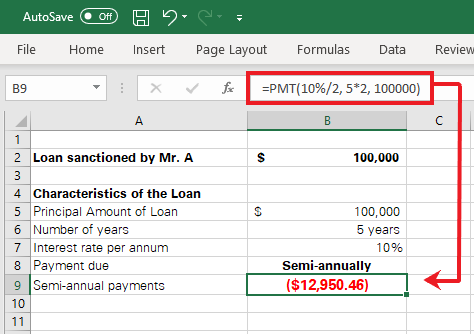 Semi-annual payments calculated by Excel