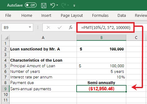 Semi-annual payments calculated by Excel