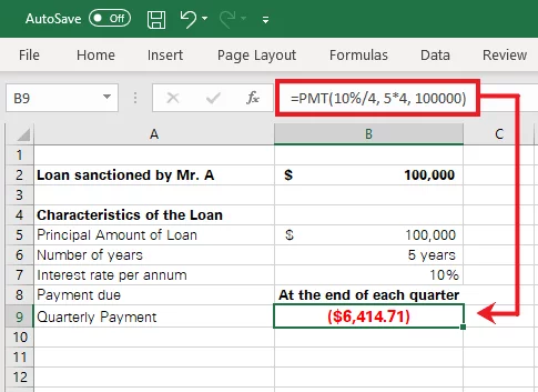 Quarterly payments calculated by Excel