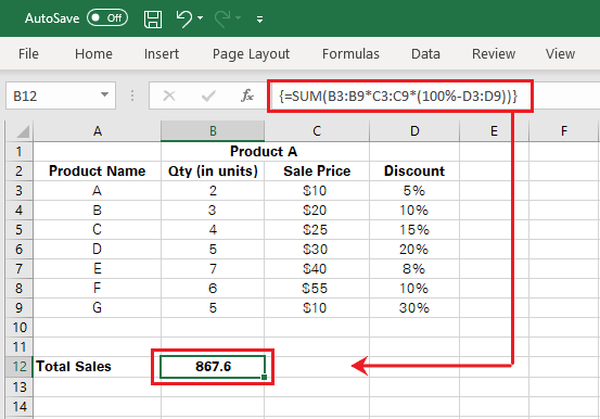 Excel computes the total net sales