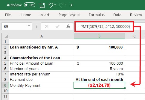 Monthly payments calculated by Excel