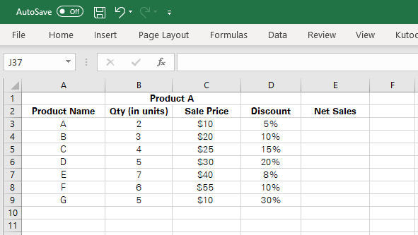 Data for quantity, sale price, and discount per product
