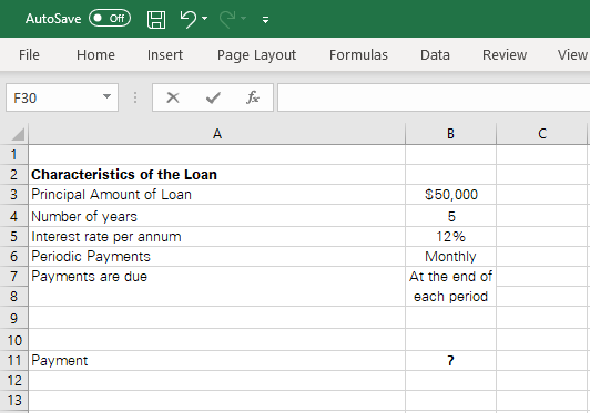 Loan details organized across different cells