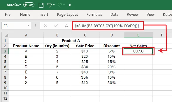 Excel computes the total net sales under one cell