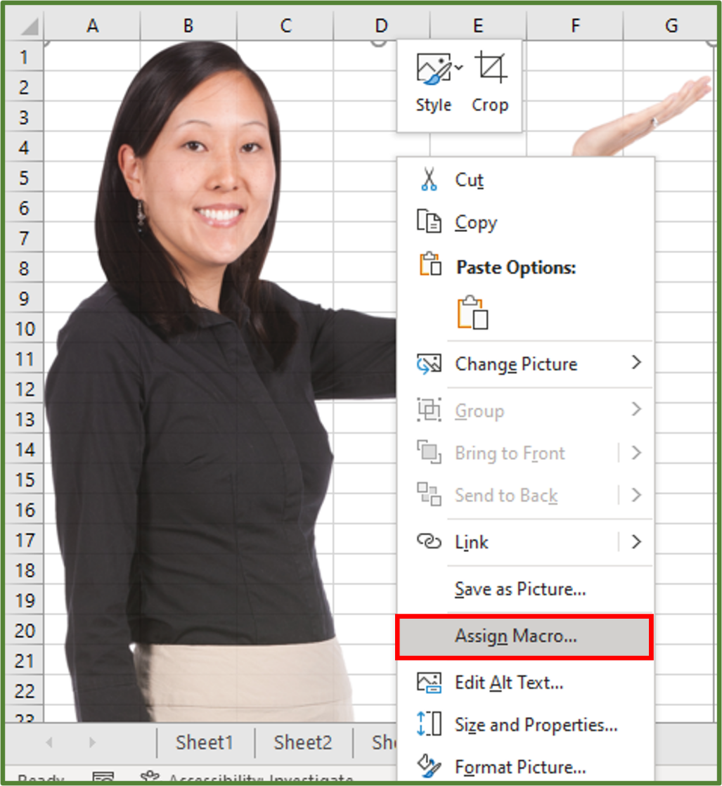 Screenshot showing the Assign Macro... option highlighted.