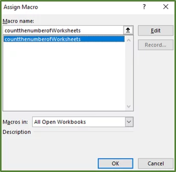 Screenshot showing the countthenumberofWorksheets macro selected.