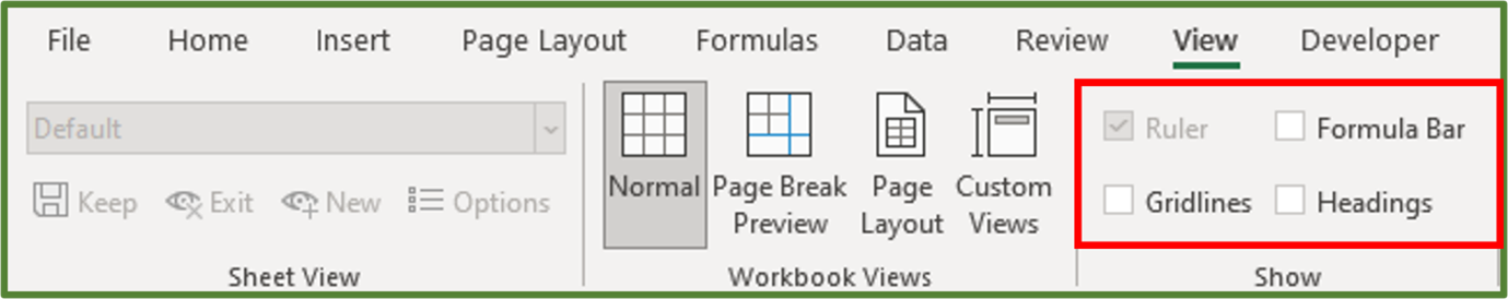 Screenshot showing the Gridlines, Formula Bar and Headings option unchecked.