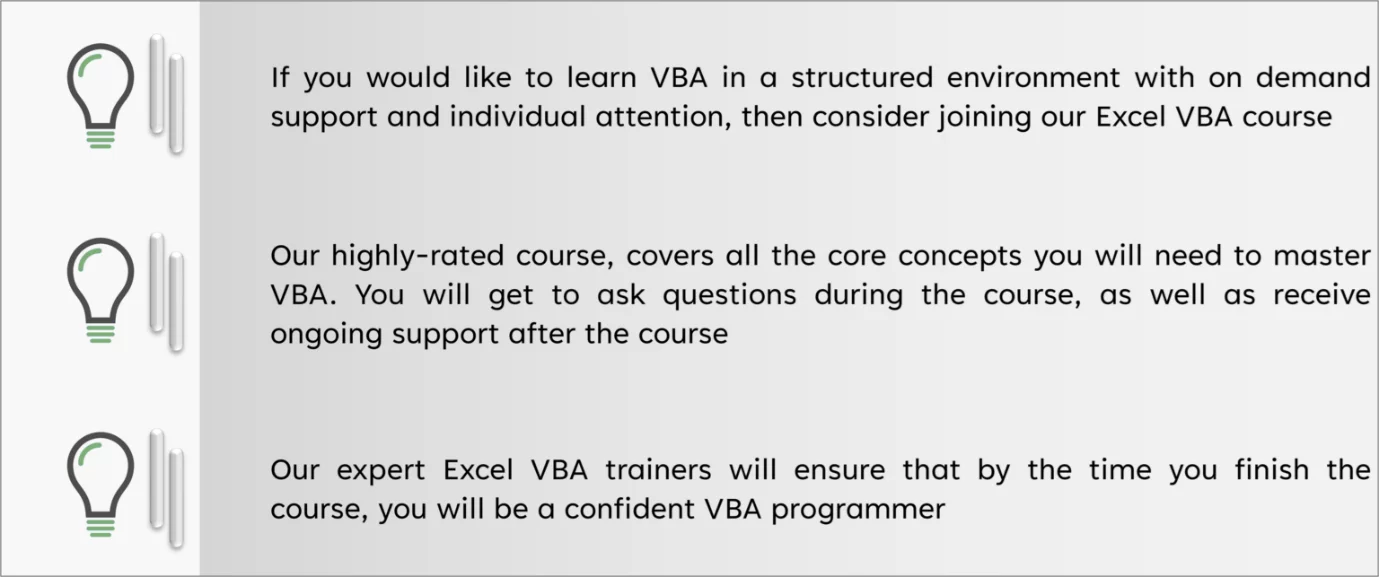 Screenshot showing all the reasons to join the Acuity VBA training course.