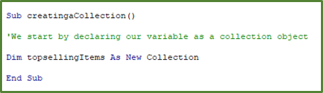 Screenshot showing the way to create a collection in VBA.