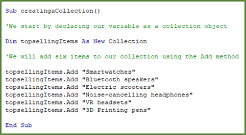 Screenshot showing the code to add a new item to a collection.