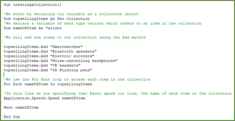 Screenshot showing the code that loops through all the items in the collection.