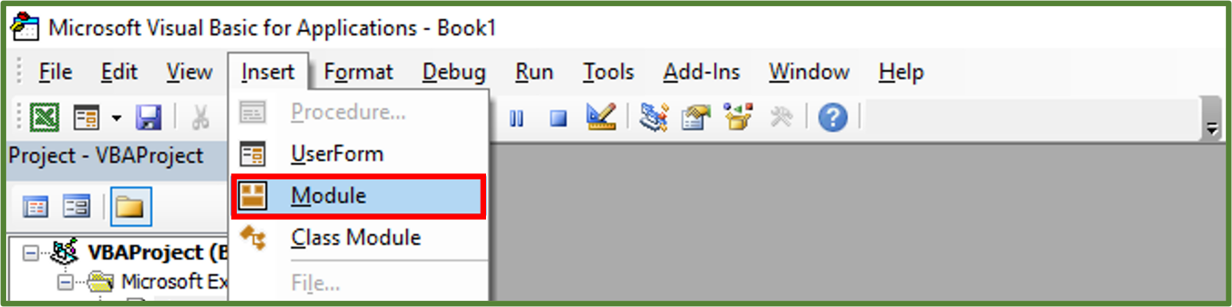 Screenshot showing the Module option in the Insert Tab, highlighted.