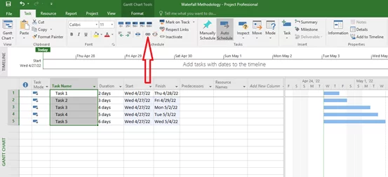 Highlights the Link The Selected Tasks button to create a relationship