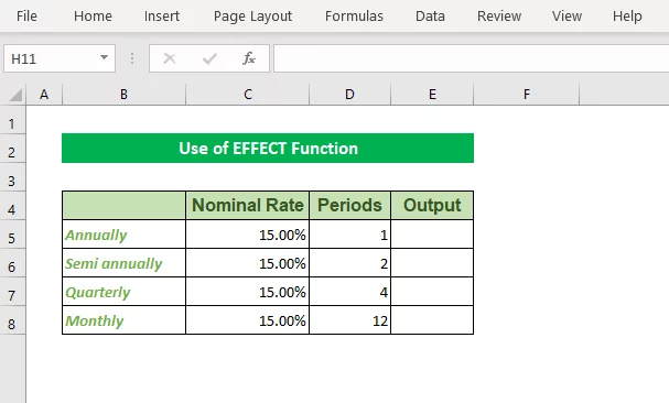 Calculation of effective interest for various periods using EFFECT Function