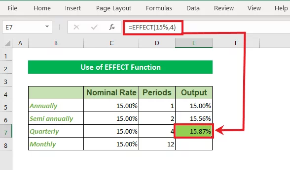 Quarterly interest rate calculated by Excel