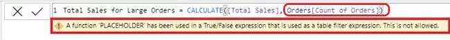 A function ‘Calculate’ has been used in a True/False expression that is used as a table filter expression. 