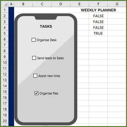 Screenshot showing the value placed in cell F5 when the fourth Checkbox is checked.