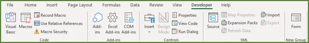 Screenshot showing the Developer Tab added to the Ribbon