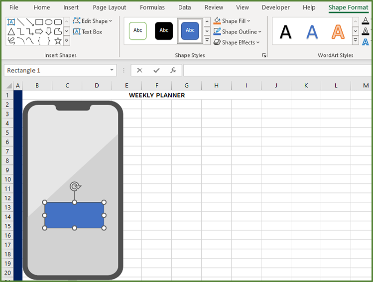 Screenshot showing the rectangle on the spreadsheet.