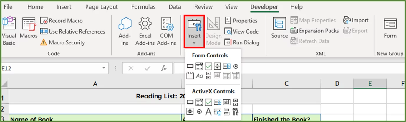 Screenshot showing the Insert option in the Controls Group on the Developer Tab, highlighted.
