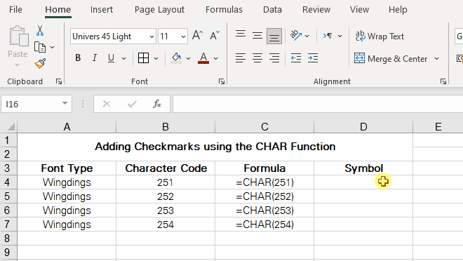 Adding checkmarks using the CHAR Formula