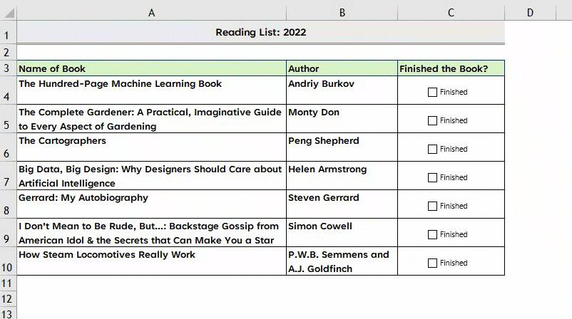 Screenshot showing the student ticking off a checkbox once has has finished the respective book.