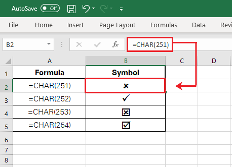Checkmarks in Excel through the CHAR formula