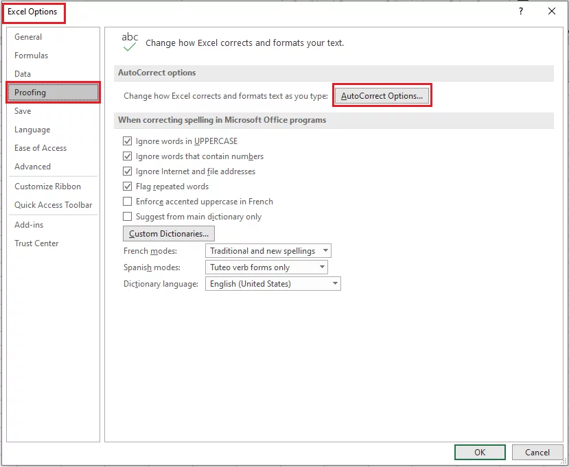 Accessing AutoCorrect Options in Excel