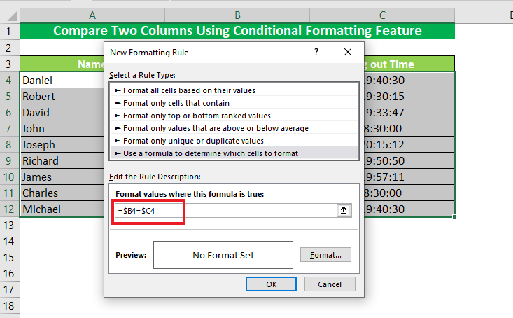 Entering a formula for conditional formatting 