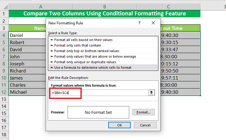 Entering a formula for conditional formatting