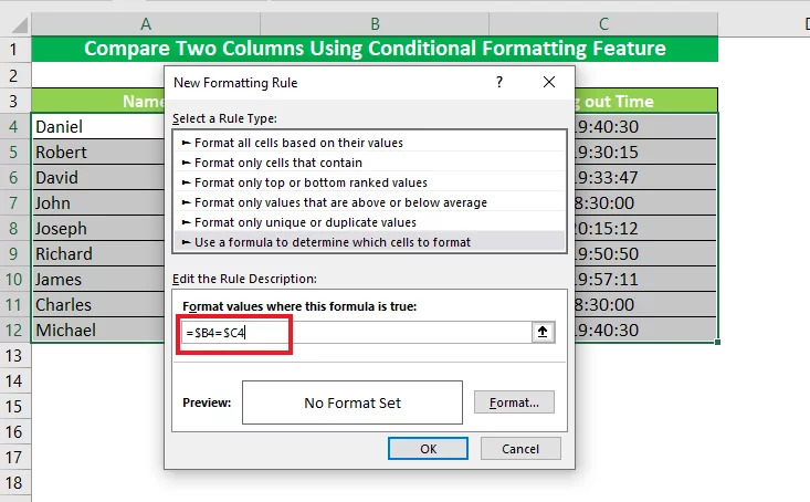 Entering a formula for conditional formatting 