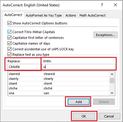 Populating options under the Auto Correct Window