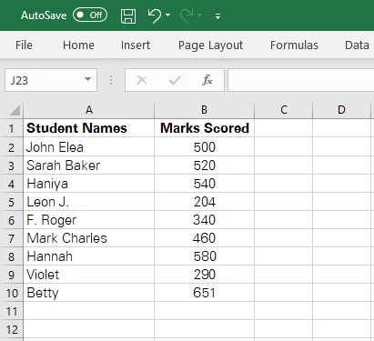 Marks of different students