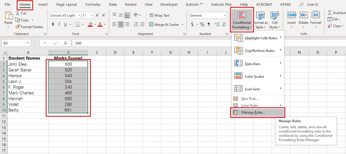 Accessing the Conditional Formatting rule from the home tab