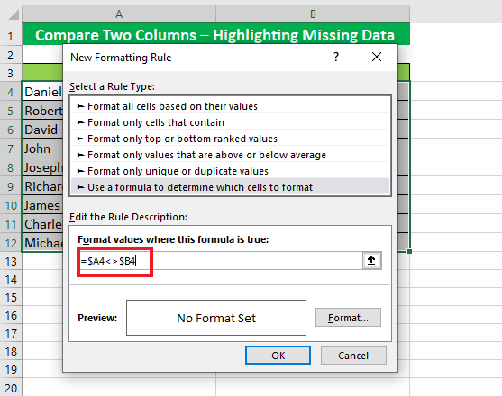 Input the formula to find the mismatched data 