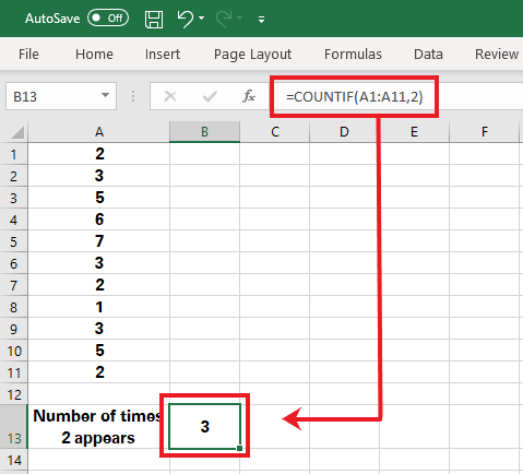 Excel computes the number of times 2 appears using COUNTIF