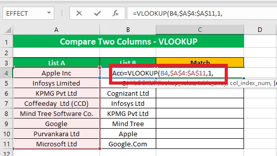 Select the “Col Index Num” as 1