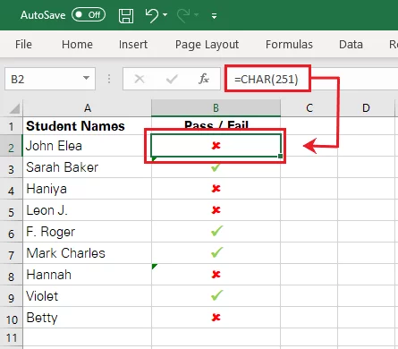 Checkmarks added to Excel using the CHAR function