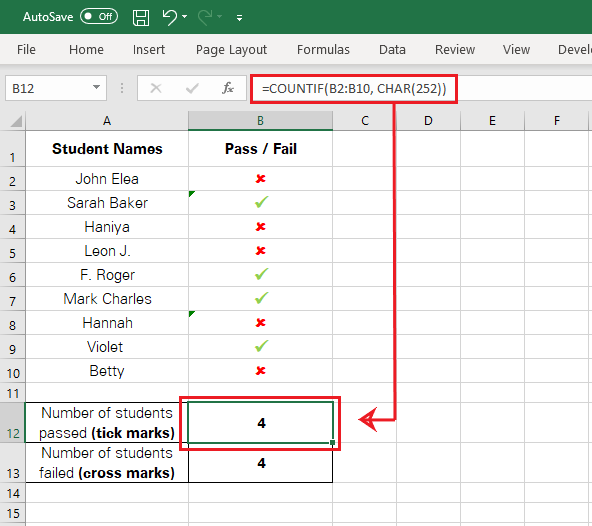 Excel counts the number of tick marks in the defined range