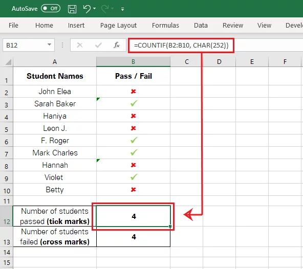 Excel counts the number of tick marks in the defined range