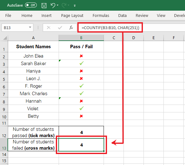 Excel counts the number of cross marks in the defined range