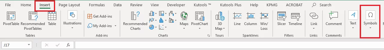 Accessing the Symbol Dialogue Box on the Insert Tab