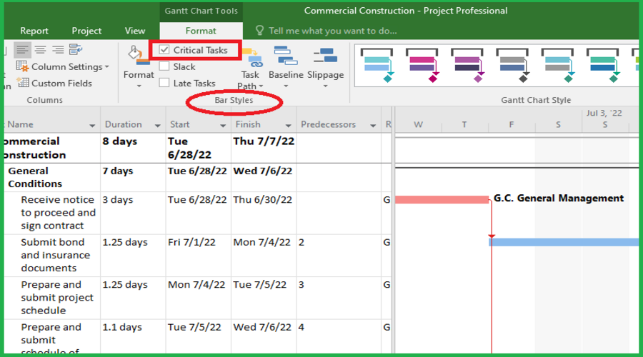 project's critical path and task dependencies