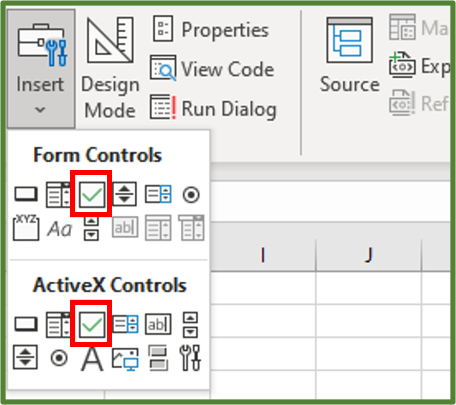 Screenshot showing where to find the Form Control Checkbox and the ActiveX Checkbox.