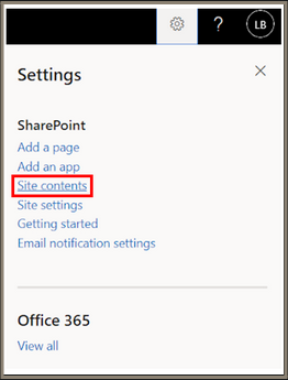 Highlights the Site Contents button in SharePoint
