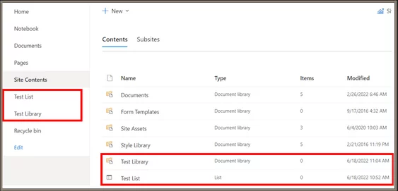 Shows where to find the library in the Site Contents folder