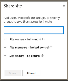 Dialog box for how to share the site with others