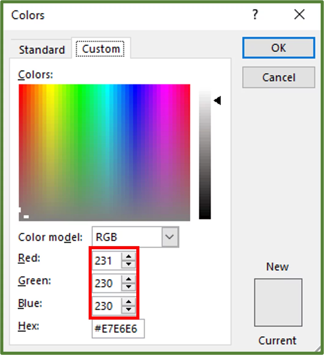 Screenshot showing the RGB code for the custom grey colour.